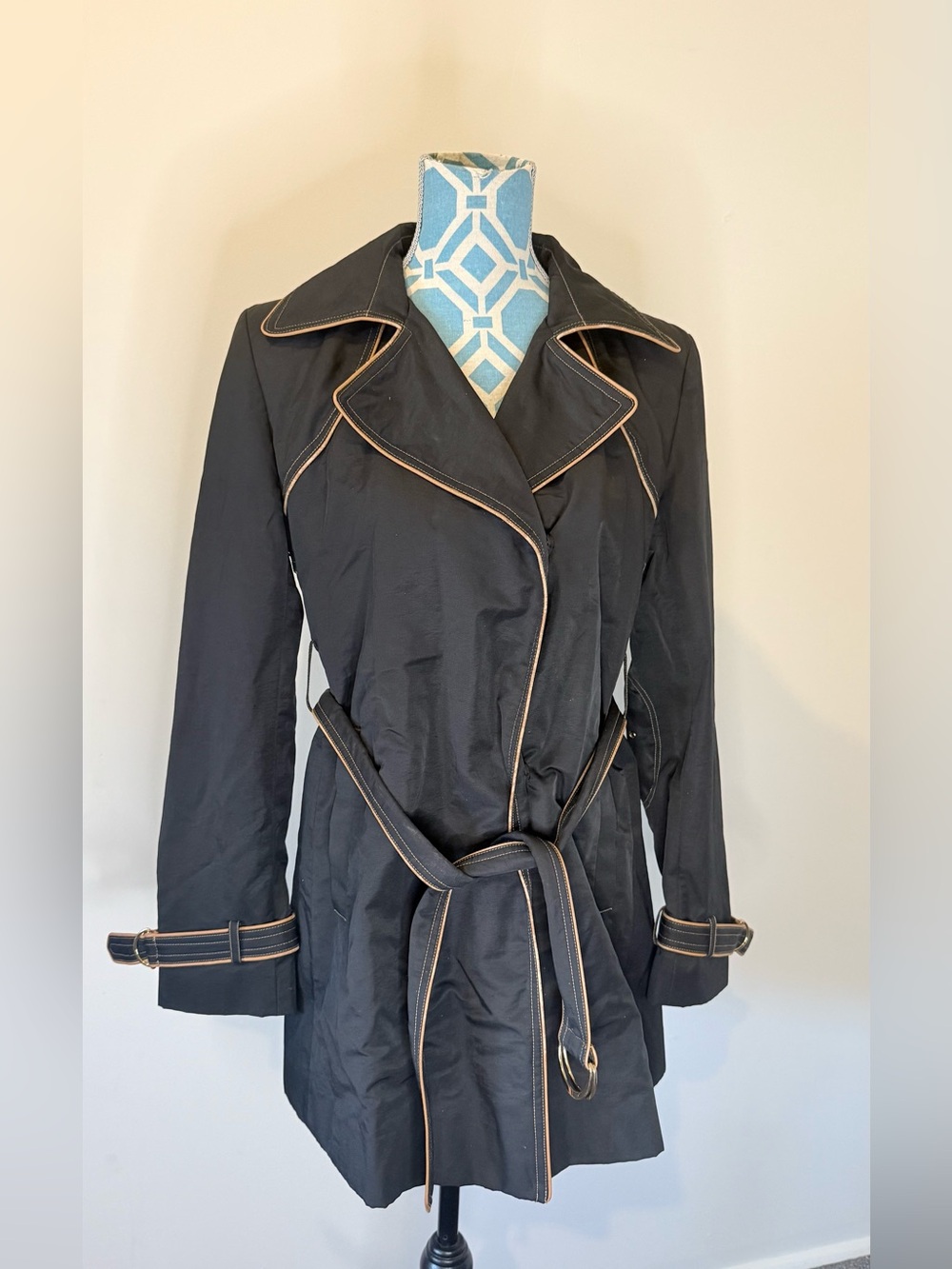 Wilson Leather Women's Black Belted Contrast Trim Lined Trench Coat Size M